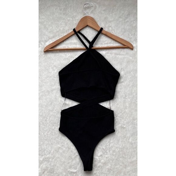 NWT Zara Black Ribbed Cutout Halter Neck Bodysuit, Size Small - Picture 12 of 12